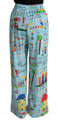 Dolce & Gabbana Light Blue Drawing Mid Waist Wide Leg Women's Pants