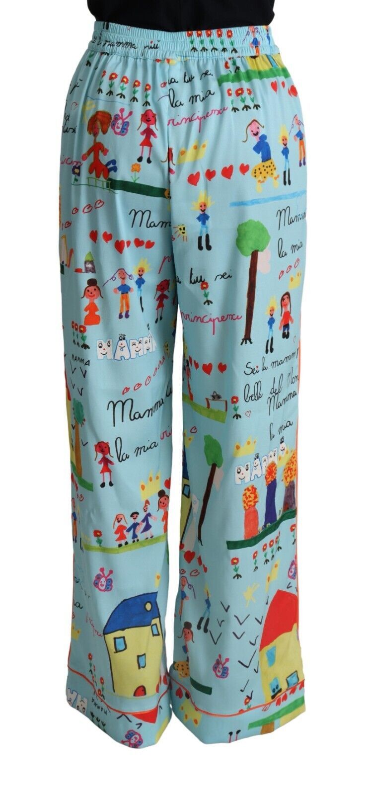 Dolce & Gabbana Light Blue Drawing Mid Waist Wide Leg Women's Pants