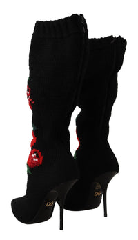 Dolce & Gabbana Black Stretch Socks Red Roses Booties Women's Shoes