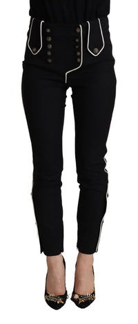 Dolce & Gabbana Black Mid Waist Button Embellished Slim Fit Women's Pants