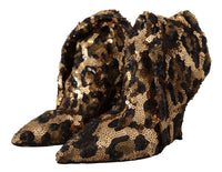 Dolce & Gabbana Gold Leopard Sequins Heels Boots Women's Shoes