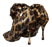 Dolce & Gabbana Gold Leopard Sequins Heels Boots Women's Shoes