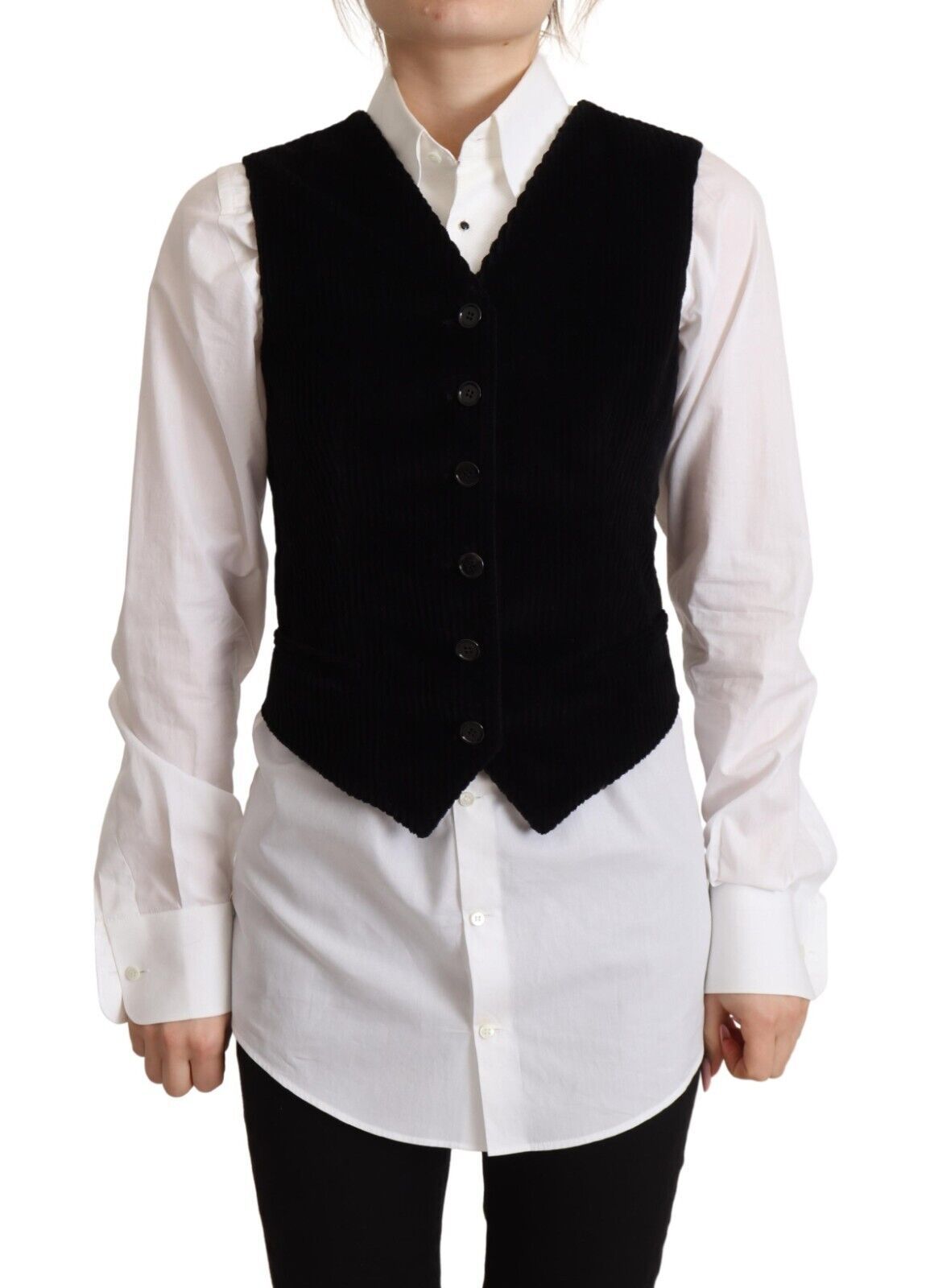 Dolce & Gabbana Dolce & Gabbana Black V-neck Leopard Corduroy Button Vest Women's Top