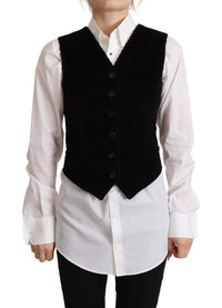 Dolce & Gabbana Dolce & Gabbana Black V-neck Leopard Corduroy Button Vest Women's Top