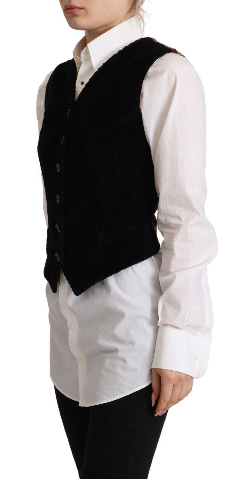 Dolce & Gabbana Dolce & Gabbana Black V-neck Leopard Corduroy Button Vest Women's Top