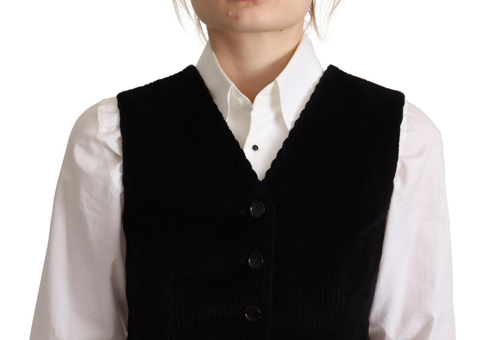 Dolce & Gabbana Dolce & Gabbana Black V-neck Leopard Corduroy Button Vest Women's Top