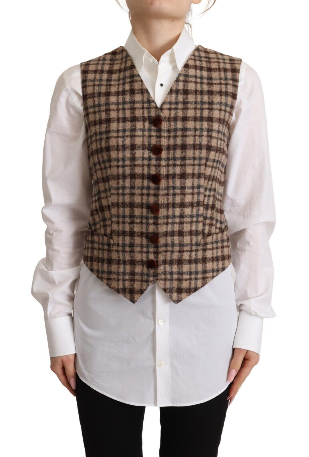 Dolce & Gabbana Dolce & Gabbana Brown Checkered Leopard V-neck Sleeveless Vest Women's Top