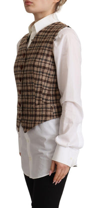 Dolce & Gabbana Dolce & Gabbana Brown Checkered Leopard V-neck Sleeveless Vest Women's Top