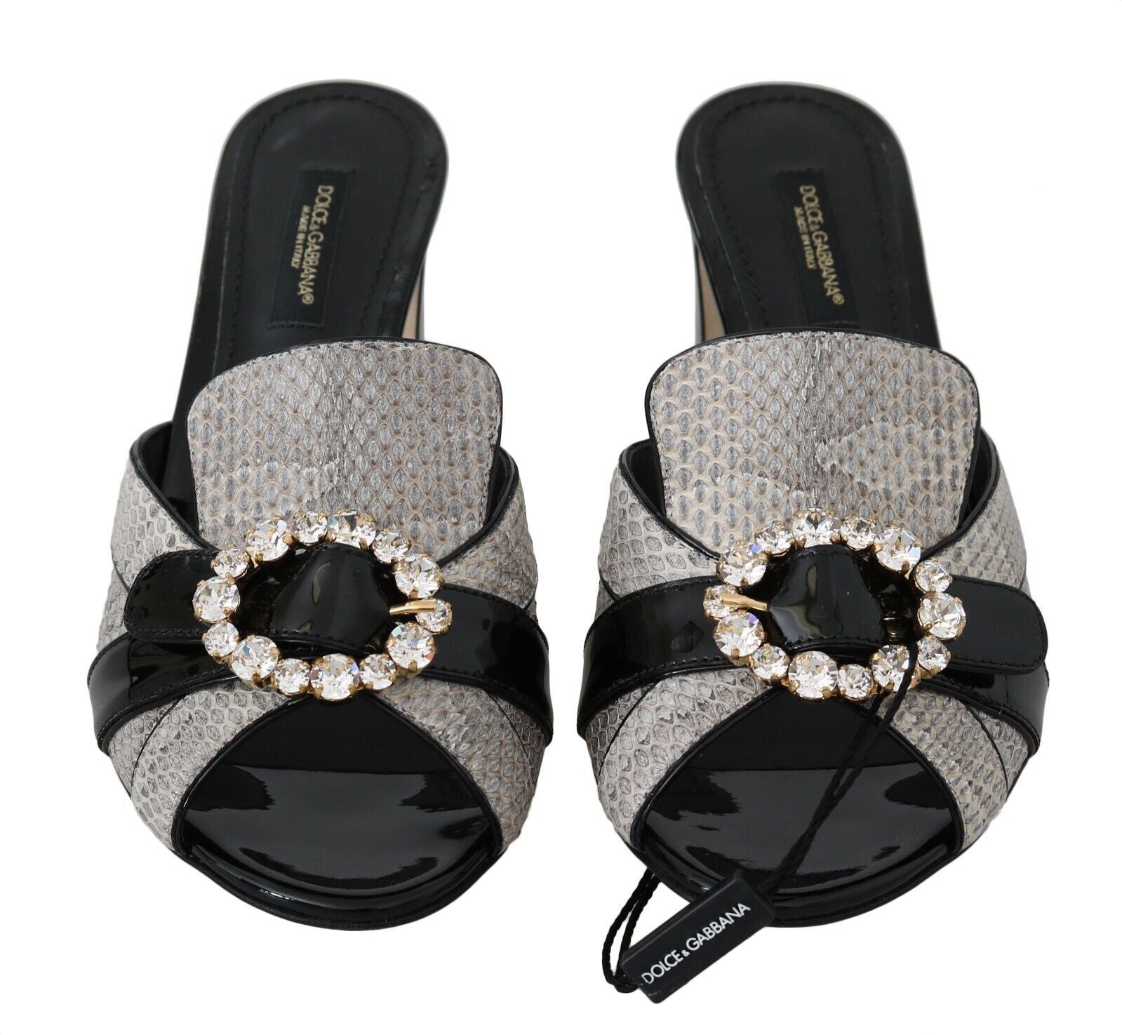 Dolce & Gabbana Black Gray Exotic Leather Crystals Sandals Women's Shoes