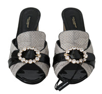 Dolce & Gabbana Black Gray Exotic Leather Crystals Sandals Women's Shoes