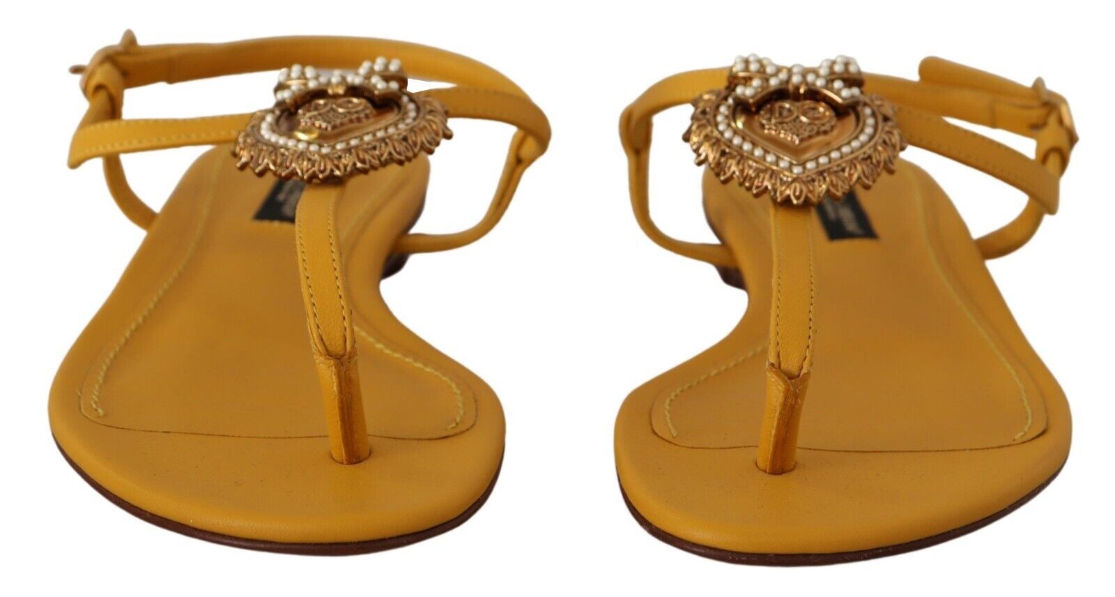 Dolce & Gabbana Mustard T-Strap Flat Sandals with Heart Women's Embellishment