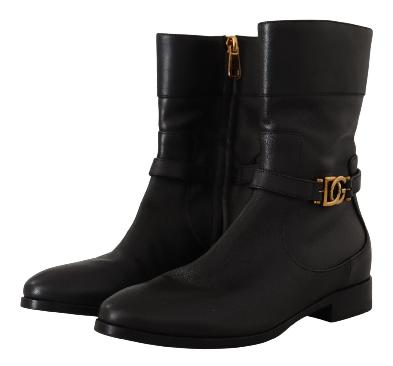 Dolce & Gabbana Black Leather Flats Logo Short Boots Women's Shoes