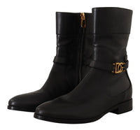 Dolce & Gabbana Black Leather Flats Logo Short Boots Women's Shoes