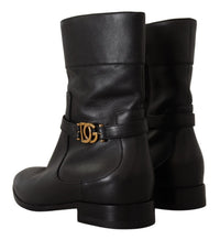 Dolce & Gabbana Black Leather Flats Logo Short Boots Women's Shoes
