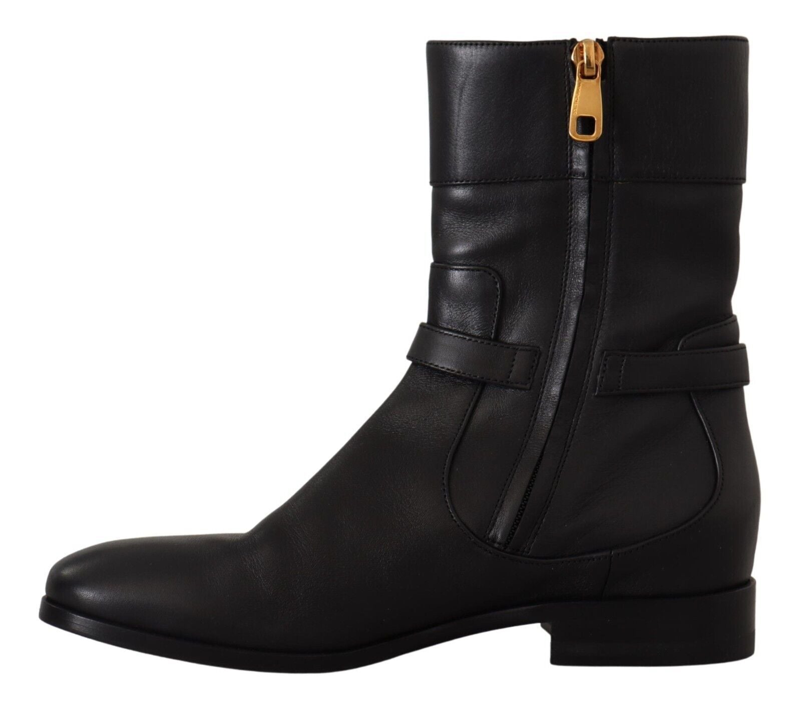 Dolce & Gabbana Black Leather Flats Logo Short Boots Women's Shoes
