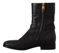 Dolce & Gabbana Black Leather Flats Logo Short Boots Women's Shoes