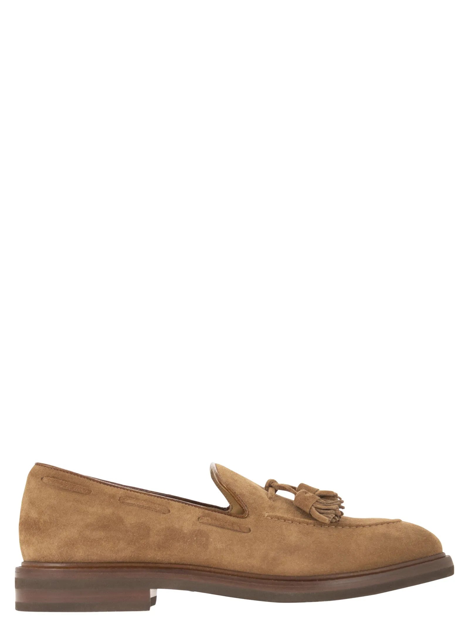 Brunello Cucinelli Mens Suede Tassle Moccasins in Light Brown4