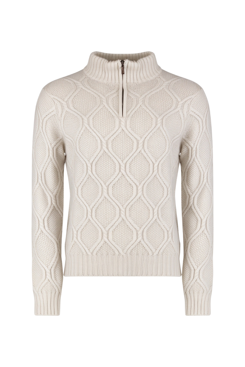 Moorer Fedrota Half Zip Cable Knit Sweater Pearl