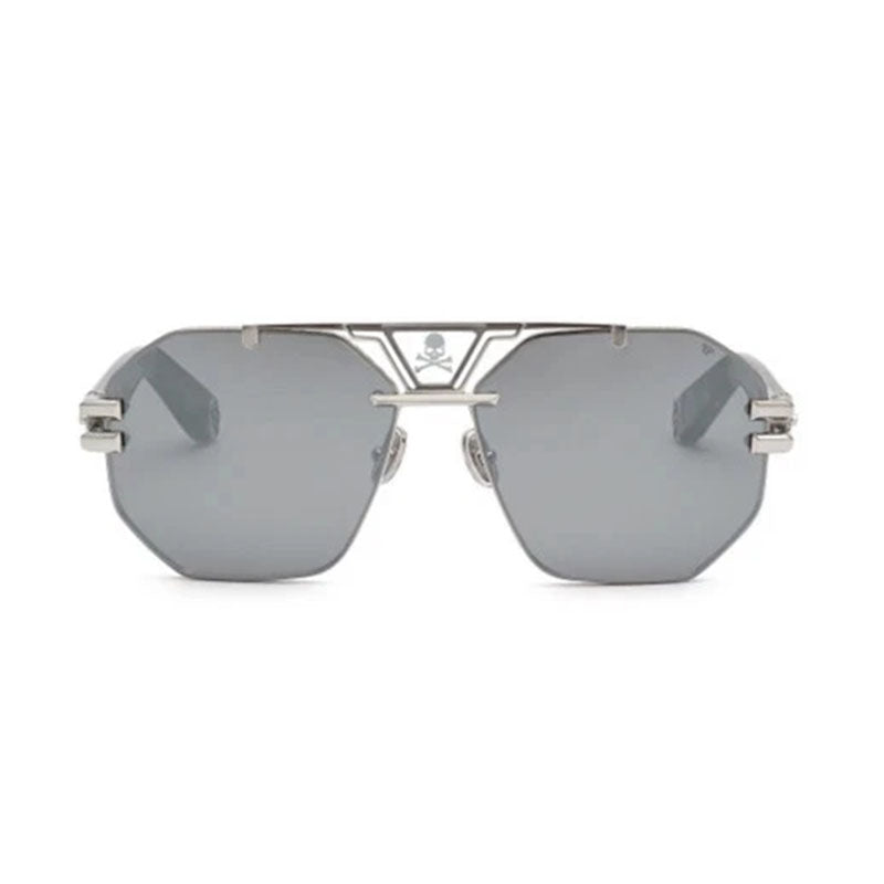 Philipp Plein Sunglasses Aviator Full Rim, Palladium/Grey Havana Frame and Smoke Silver Mirror Lens SPP077V523X