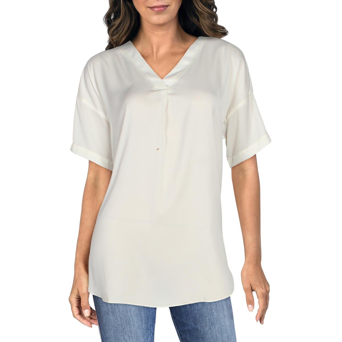 Stevie Womens V-Neck Side-Slit Top Off White