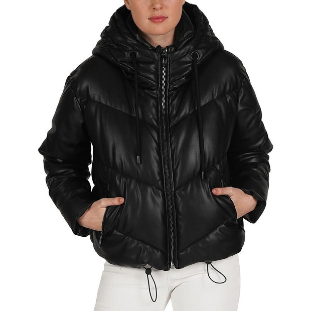 Womens Faux Leather Quilted Puffer Jacket