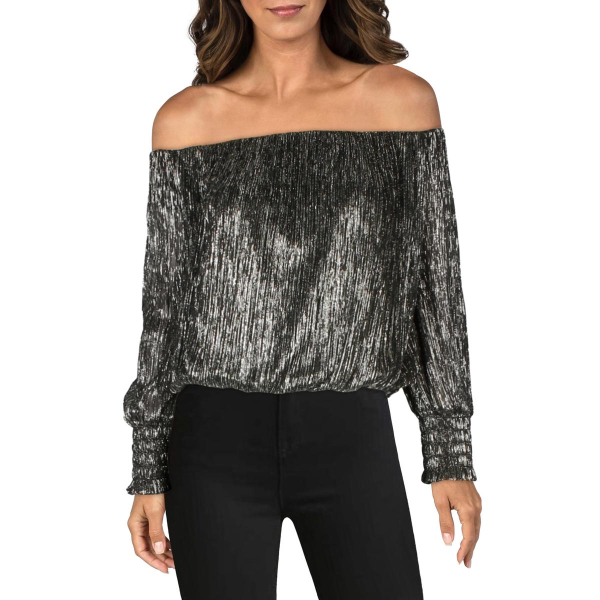 Womens Shirred Metallic Off The Shoulder