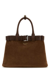 Prada Women Brown Suede Prada Buckle Medium Handbag