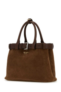 Prada Women Brown Suede Prada Buckle Medium Handbag