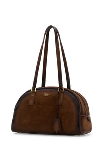 Prada Women Brown Suede Medium Prada Bowling Shoulder Bag