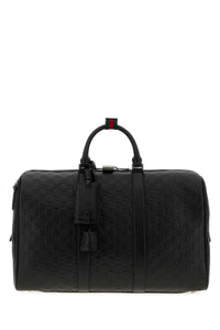 Gucci Men Black Leather Emblem Travel Bag