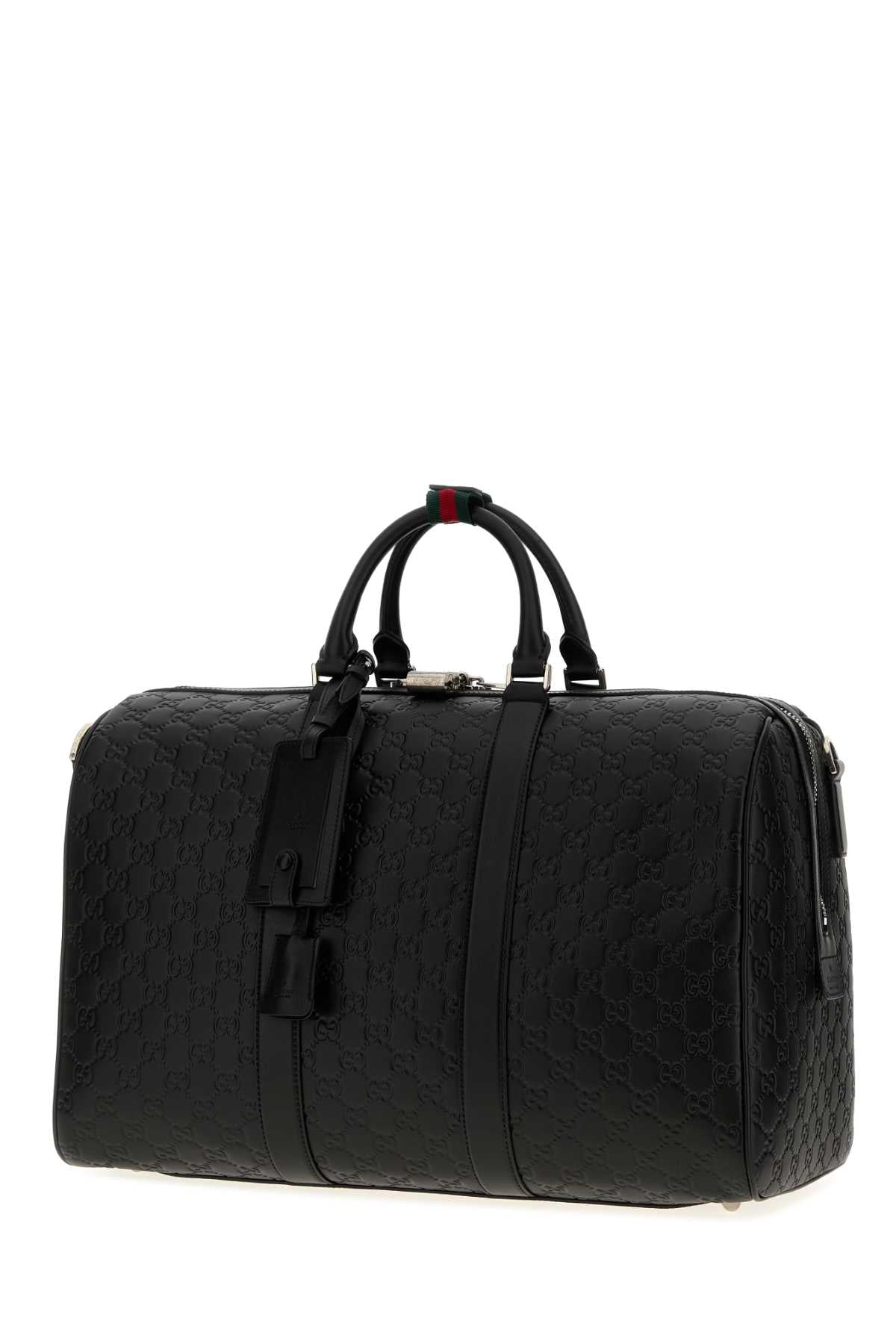 Gucci Men Black Leather Emblem Travel Bag