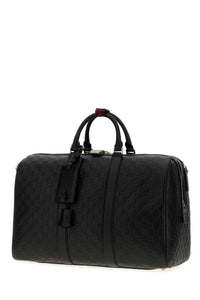 Gucci Men Black Leather Emblem Travel Bag