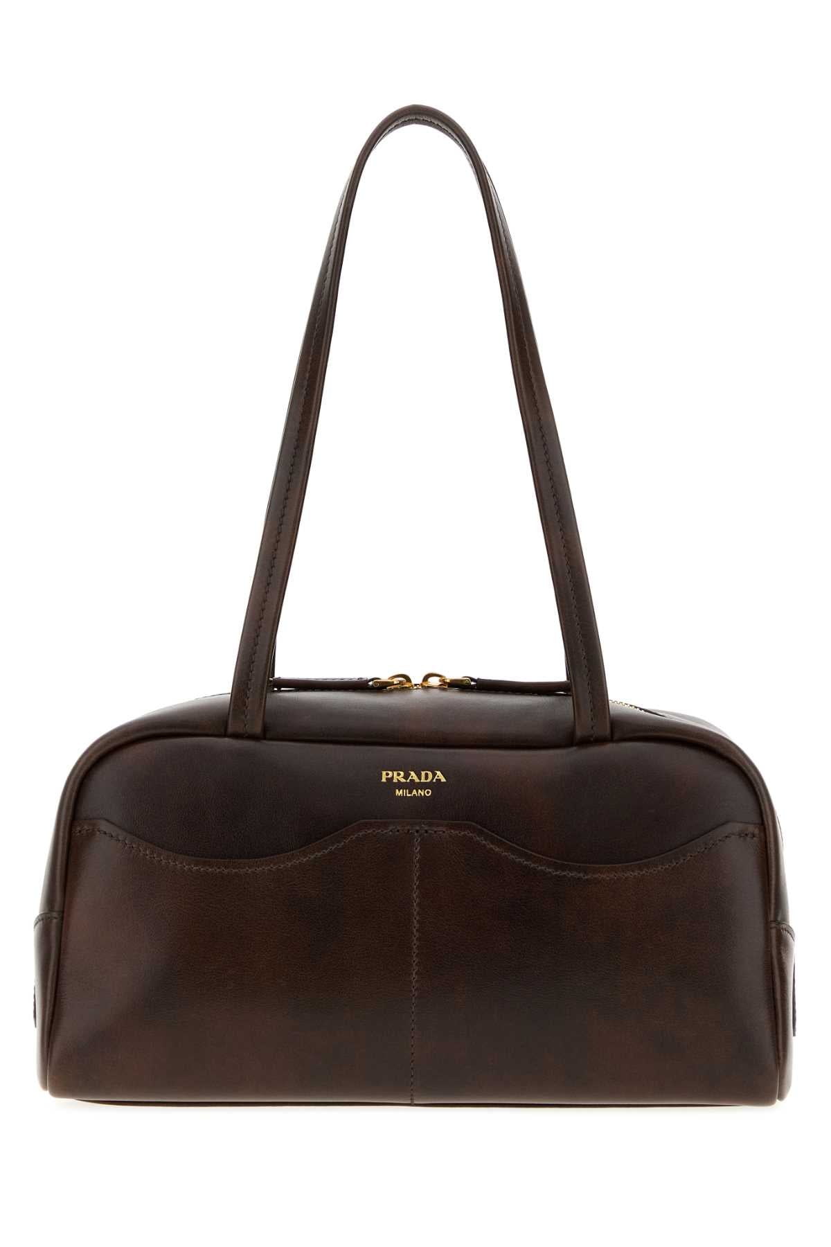 Prada Women Dark Brown Leather Large Prada Carry Shoulder Bag