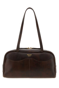 Prada Women Dark Brown Leather Large Prada Carry Shoulder Bag