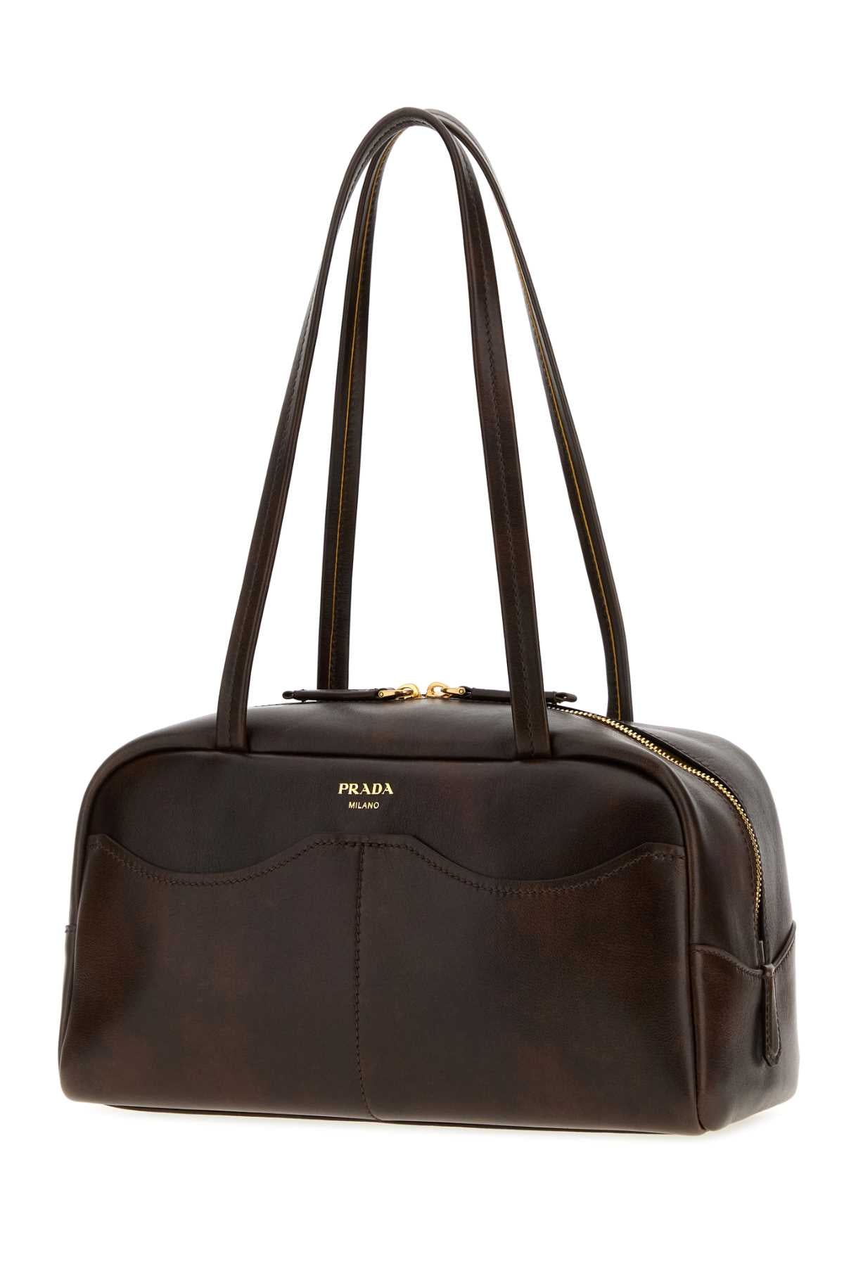 Prada Women Dark Brown Leather Large Prada Carry Shoulder Bag