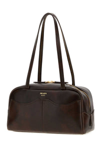 Prada Women Dark Brown Leather Large Prada Carry Shoulder Bag