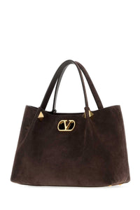VALENTINO GARAVANI Valentino Garavani Women Chocolate Suede Small Valentino Garavani Shopping Bag