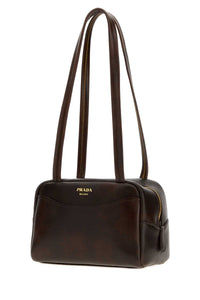 Prada Women Dark Brown Leather Mini Prada Carry Shoulder Bag