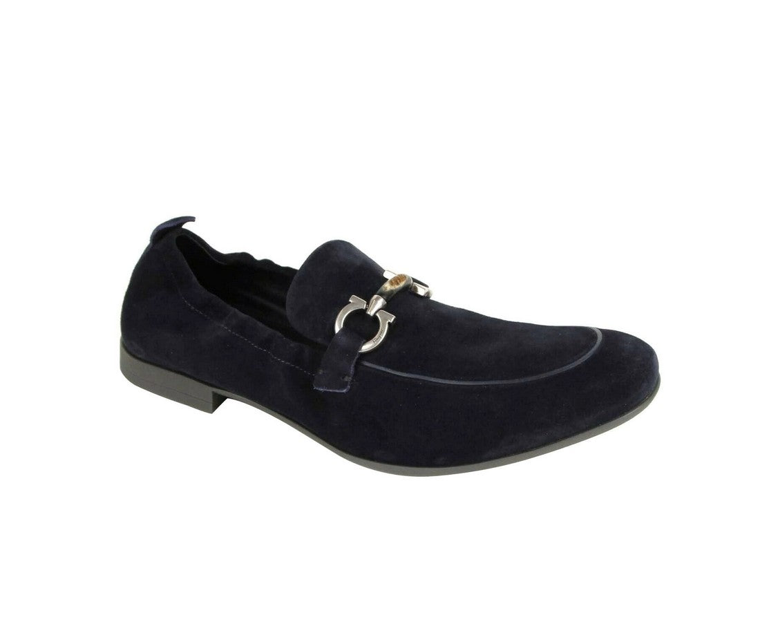 Salvatore Ferragamo Men's Celso Dark Blue Suede Stretch Horsebit Loafer