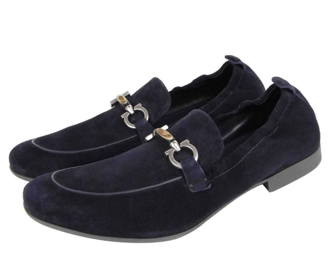 Salvatore Ferragamo Men's Celso Dark Blue Suede Stretch Horsebit Loafer
