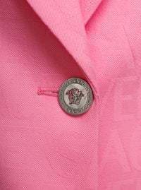 Versace Women Pink Single-Breasted Jacket With All-Over Tonal Logo Lettering Print In Wool Woman