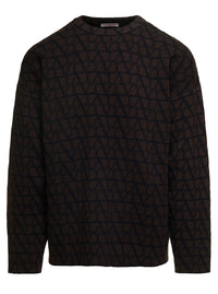 Valentino Men Brown Sweater With 'Toile Iconographe' Allover Print In Virgin Wool Man