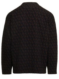 Valentino Men Brown Sweater With 'Toile Iconographe' Allover Print In Virgin Wool Man