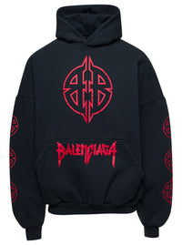 Balenciaga Men Black Hoodie With Maxi Logo Print On Front And Rear In Cotton Stretch Man