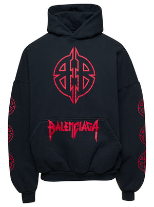 Balenciaga Men Black Hoodie With Maxi Logo Print On Front And Rear In Cotton Stretch Man image