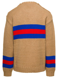 Gucci Men Camel Brown Crewneck Sweater With Web Intarsia In Wool And Mohair Man