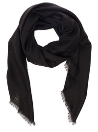 Saint Laurent Men Black Scarf With Jacquard Logo And Fringed Hem In Wool And Silk Man