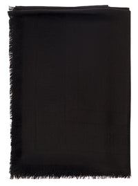 Saint Laurent Men Black Scarf With Jacquard Logo And Fringed Hem In Wool And Silk Man