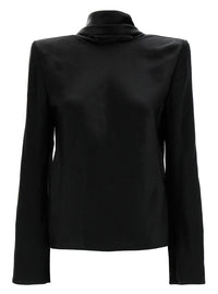 Saint Laurent Women Black Blouse With Cowl-Back In Silk Satin Woman