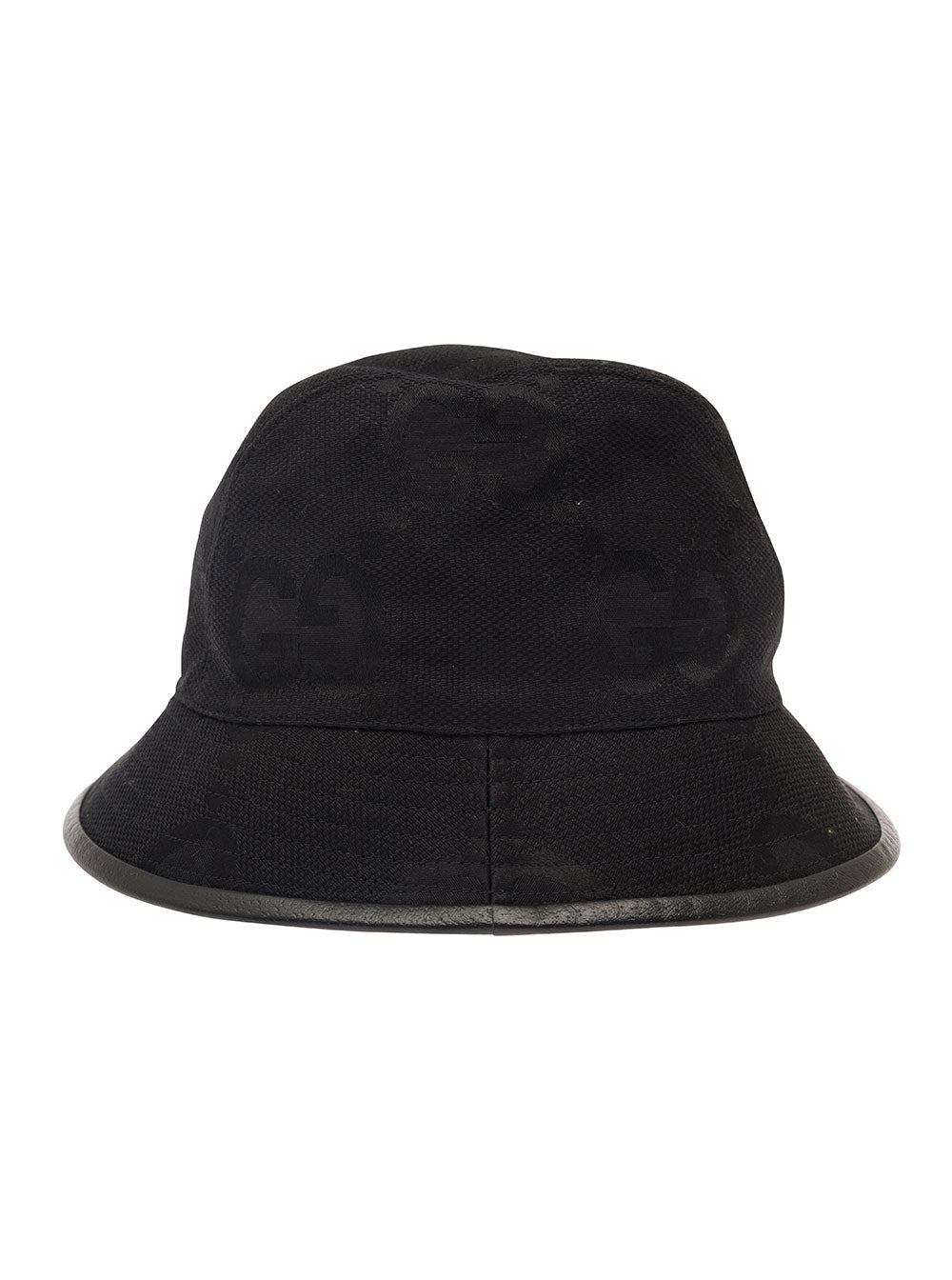 Gucci Men Black Bucket Hat With Leather Trimmings In Gg Jumbo Canvas Man